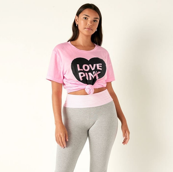 VS PINK Sweet Rosette Pink Originals Short Sleeve Campus Tee Oversized Large NEW - Picture 3 of 11